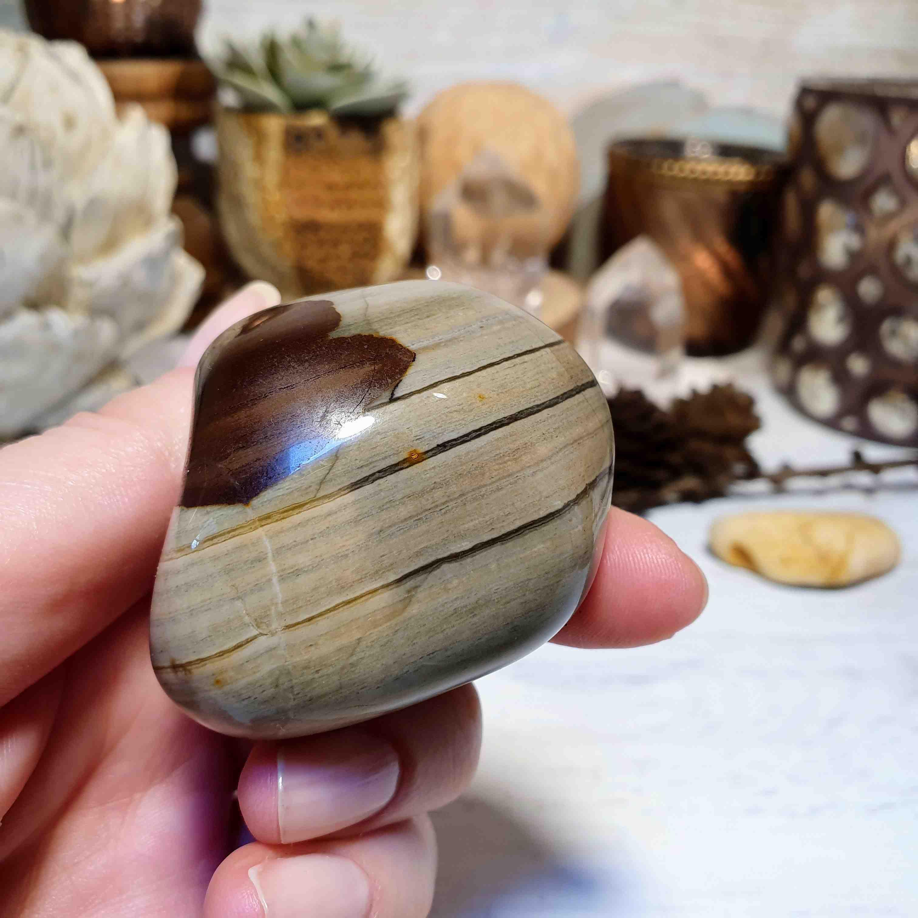 Jaspis cappuccino - velký tromlovaný kámen z Madagaskaru A. 104 g 