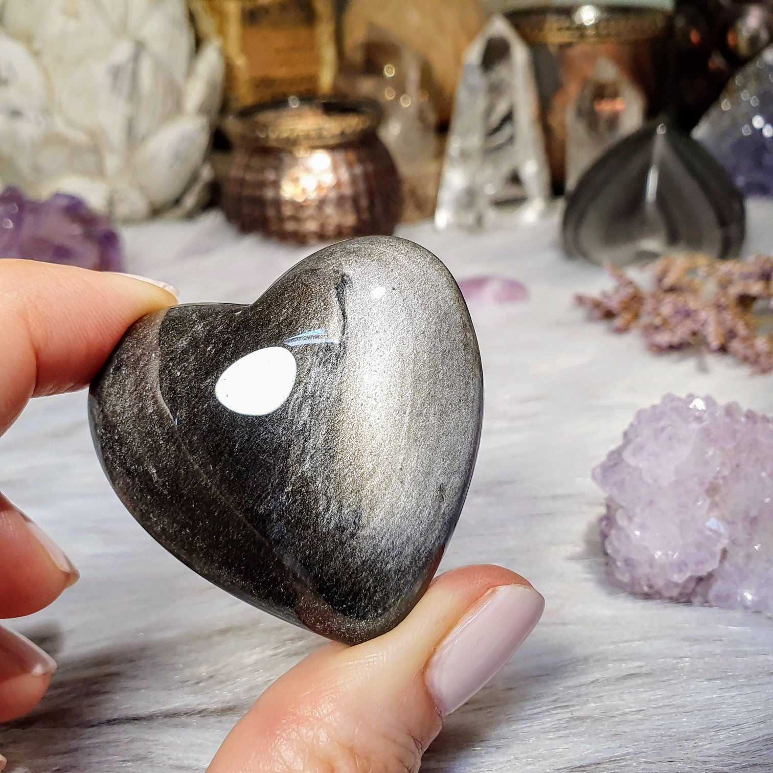 Srdce ze stříbrného obsidiánu - ručně broušená a leštěná hmatka v extra kvalitě z Mexika A. 55 g