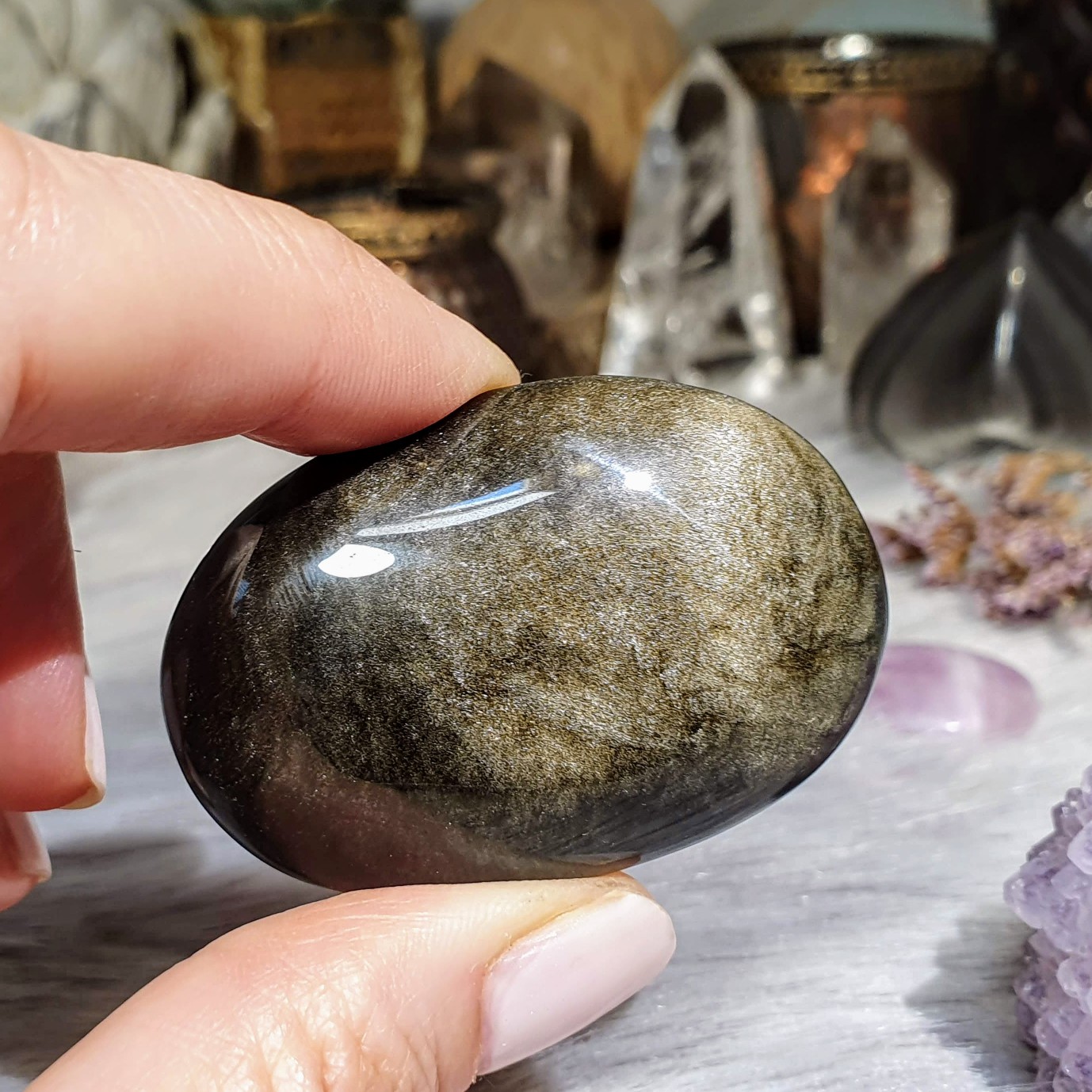 Obsidián zlatý - ručně broušený a leštěný úhledný valounek - hmatka v extra kvalitě z Mexika J. 39 g
