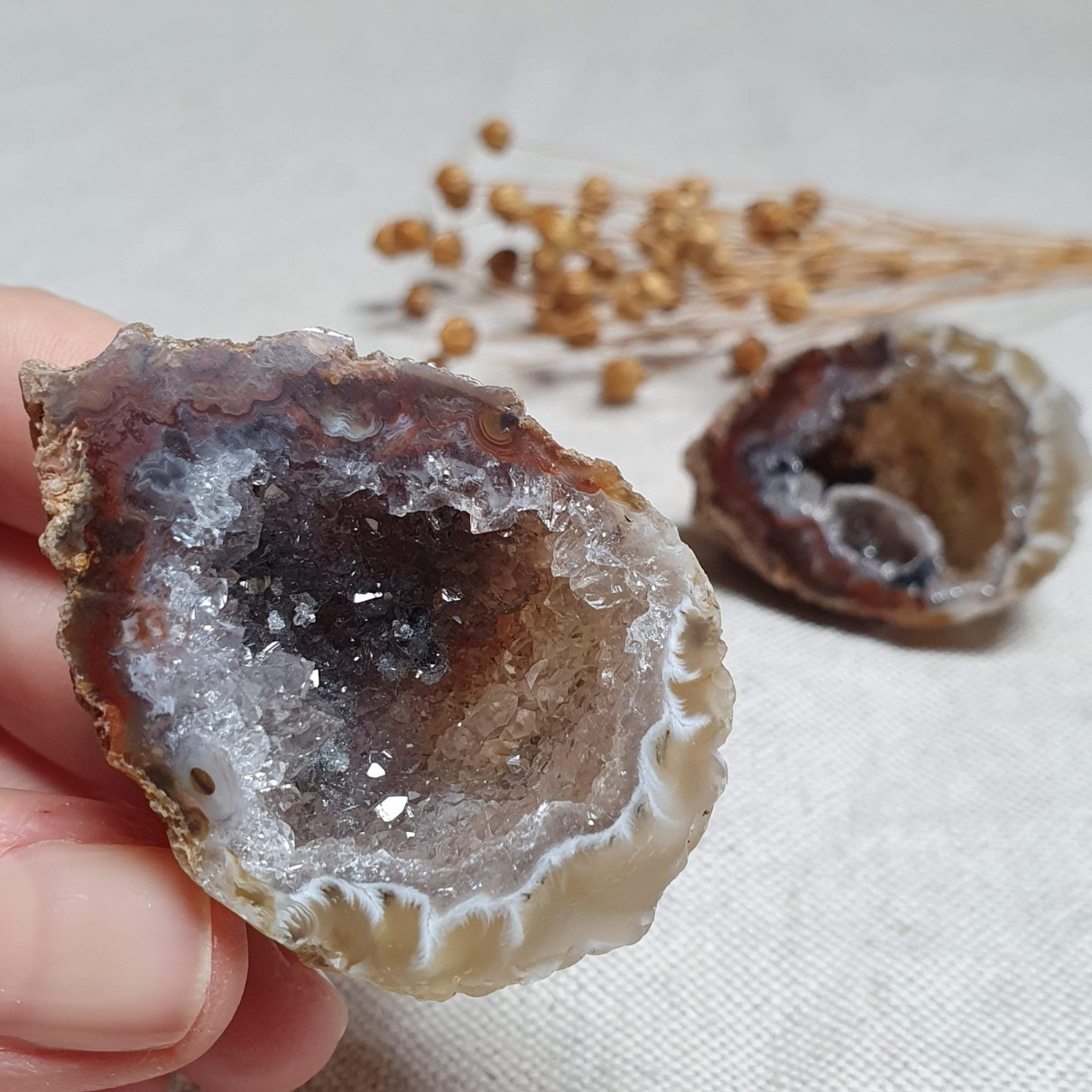 Peříčkový achát - obě poloviny leštěné geody v top kvalitě z Brazílie F. 89 g 