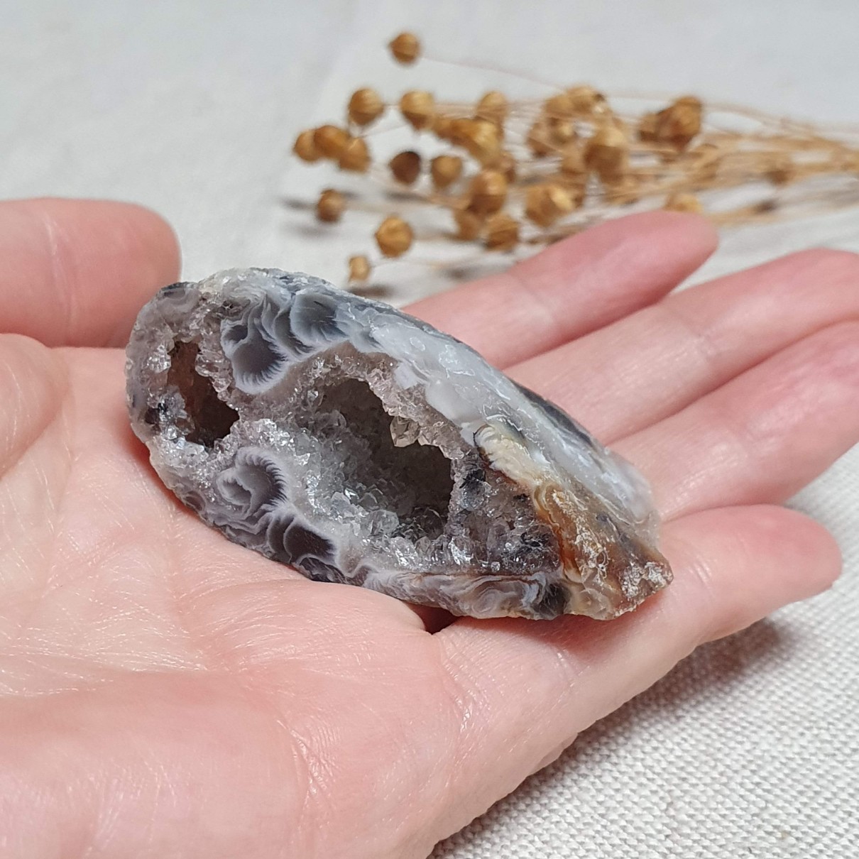 Peříčkový achát - jedna polovina leštěné geody v top kvalitě z Brazílie N. 47 g