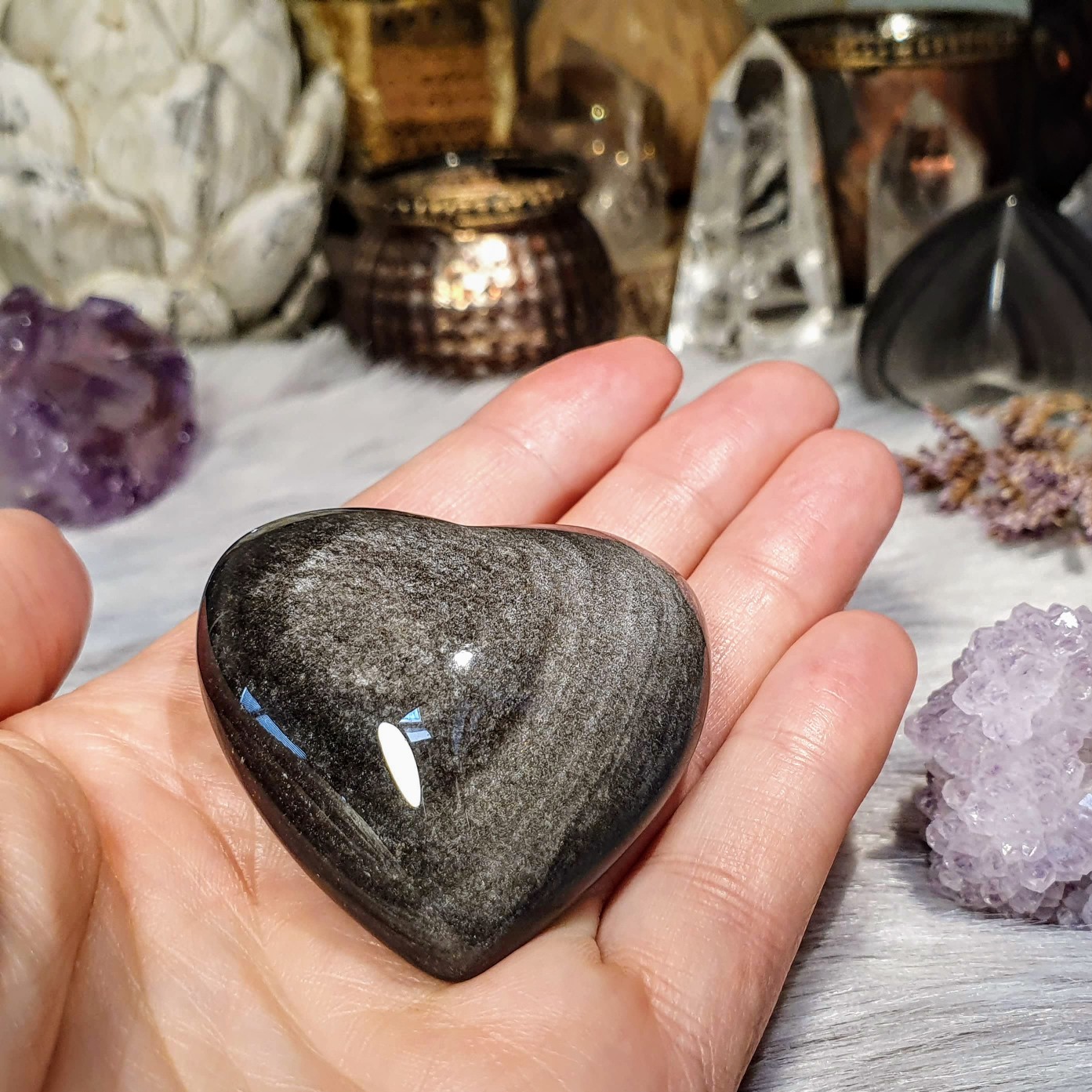 Srdce ze stříbrného obsidiánu - ručně broušená a leštěná hmatka v extra kvalitě z Mexika A. 55 g