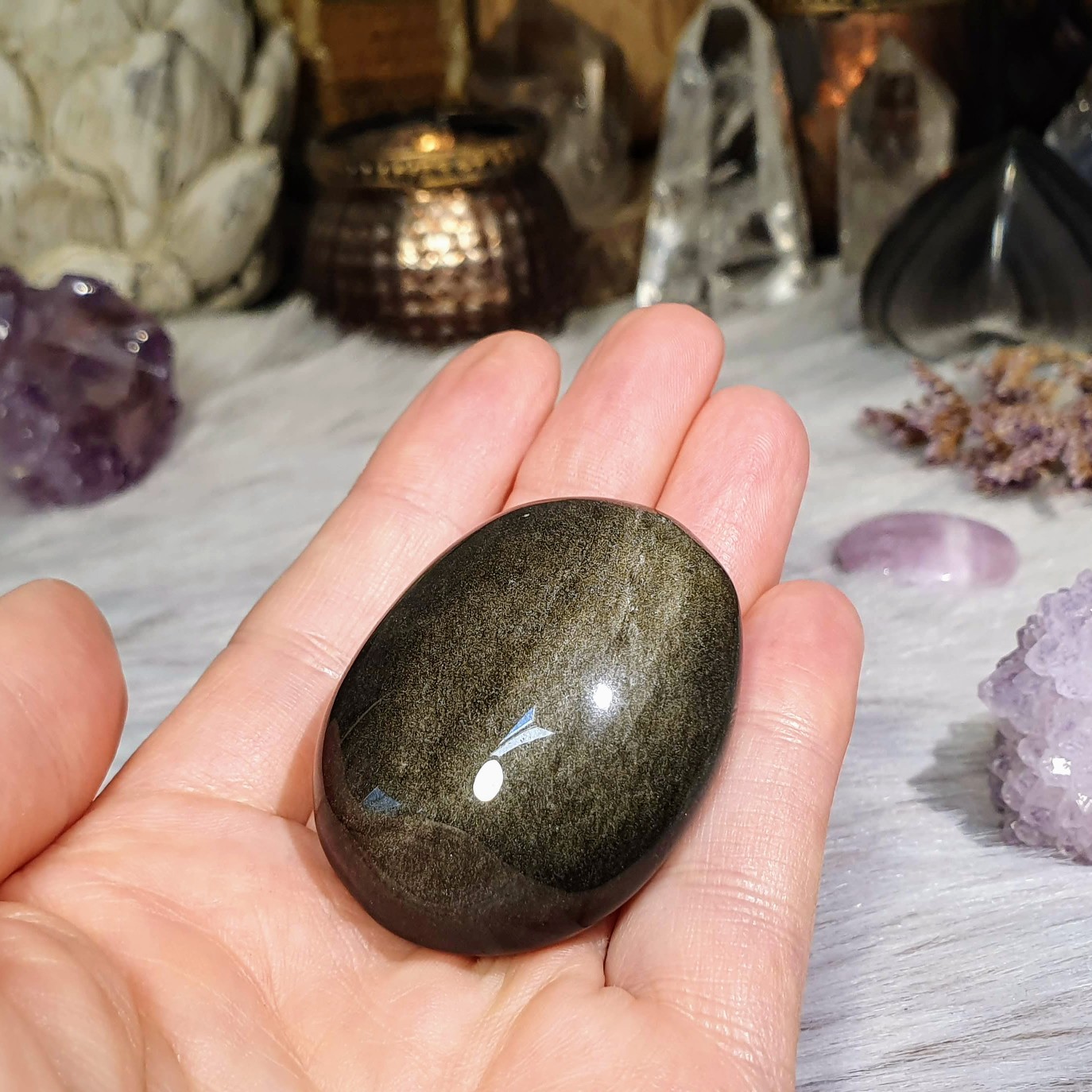 Obsidián zlatý - ručně broušený a leštěný úhledný valounek - hmatka v extra kvalitě z Mexika H. 44 g 