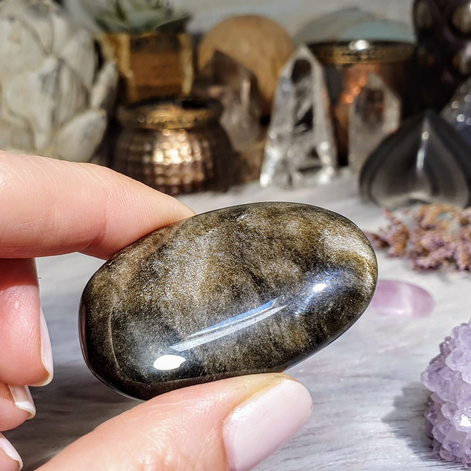 Obsidián zlatý - ručně broušený a leštěný úhledný valounek - hmatka v extra kvalitě z Mexika J. 39 g