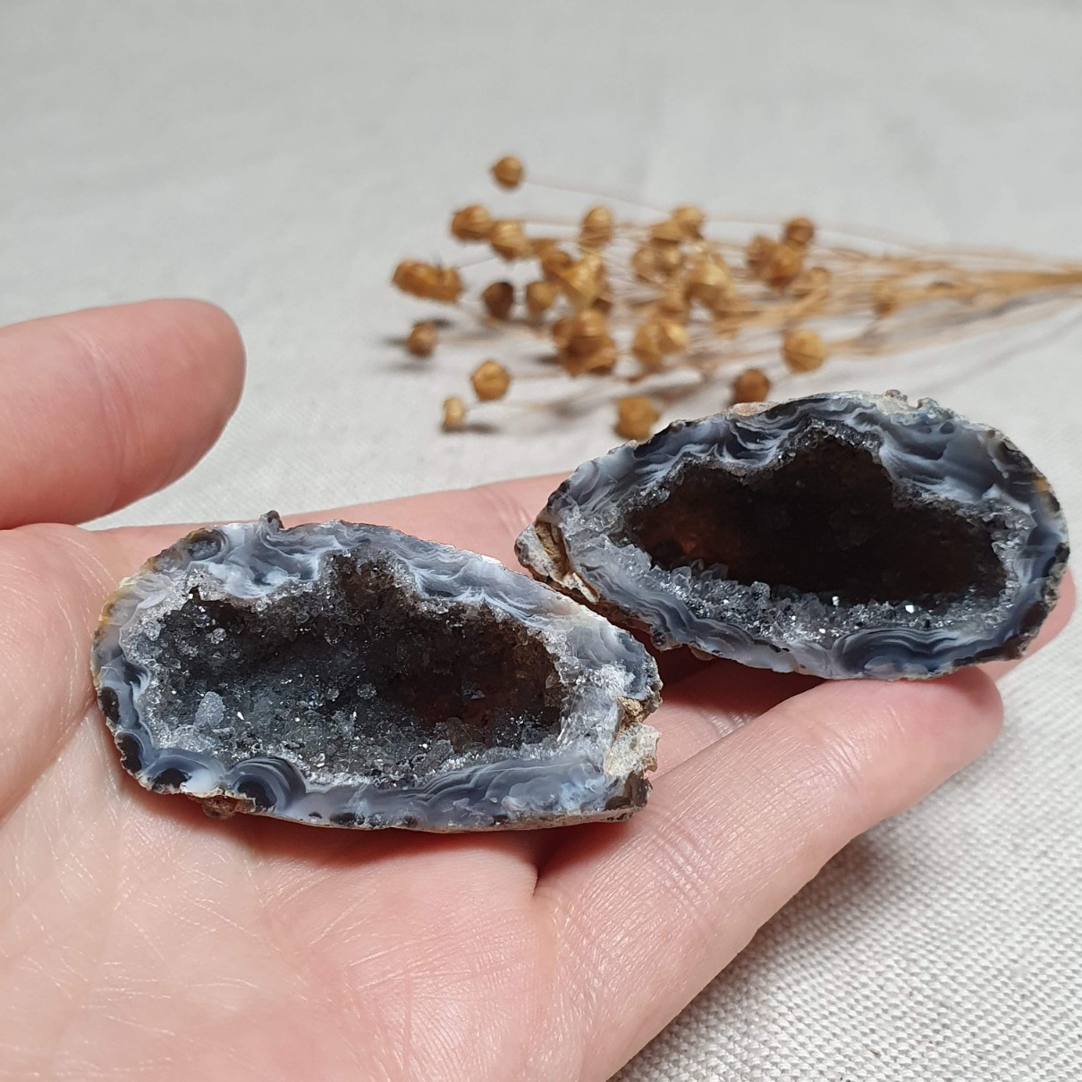 Peříčkový achát - obě poloviny leštěné geody v top kvalitě z Brazílie C. 50 g 