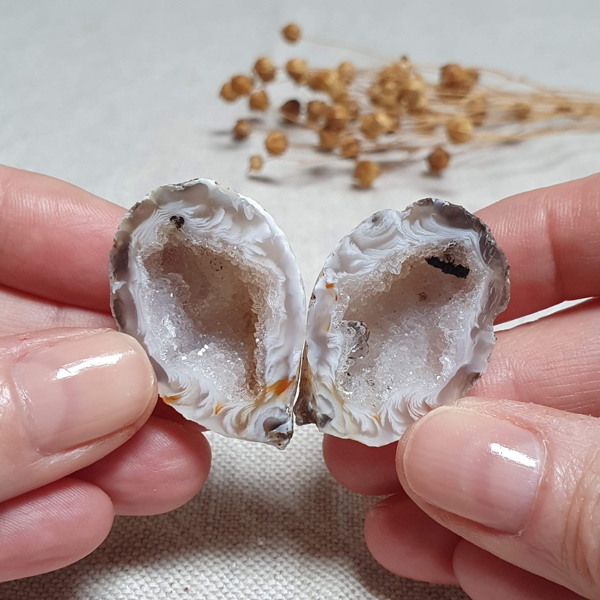 Peříčkový achát - obě poloviny leštěné geody v top kvalitě z Brazílie L. 33 g 