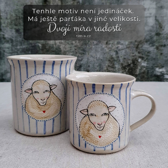 Malovaný keramický hrnek s ovečkou a s pruhy 200 ml 
