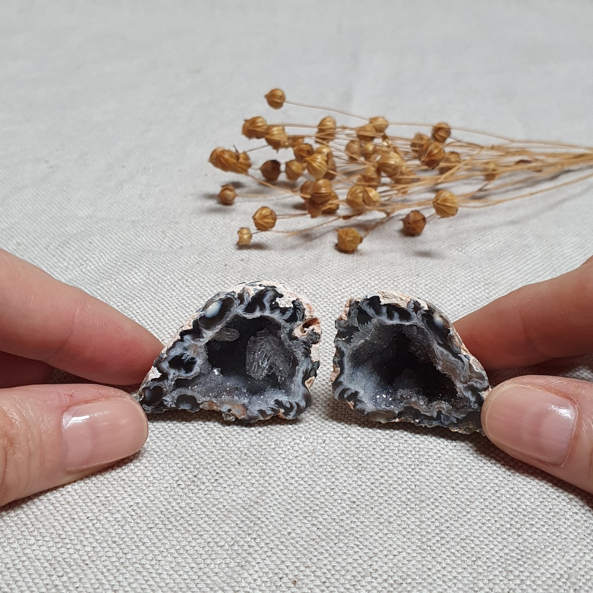 Peříčkový achát - obě poloviny leštěné geody v top kvalitě z Brazílie B. 46 g 