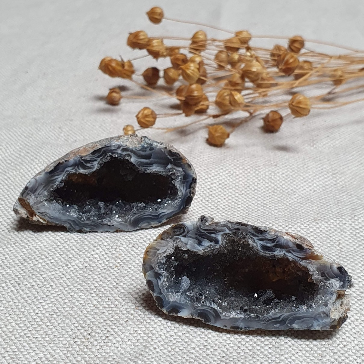 Peříčkový achát - obě poloviny leštěné geody v top kvalitě z Brazílie C. 50 g 