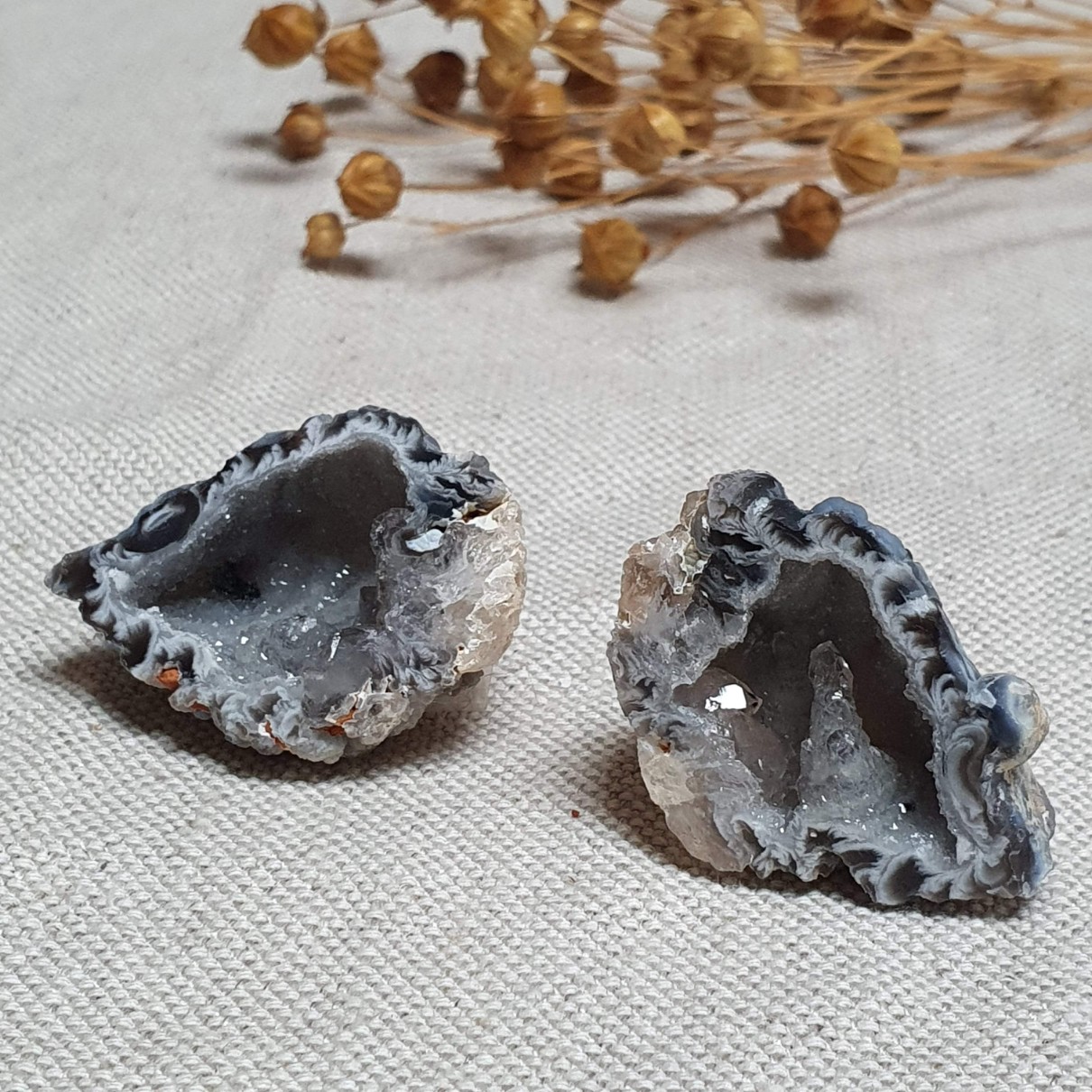 Peříčkový achát - obě poloviny leštěné geody v top kvalitě z Brazílie E. 26 g 