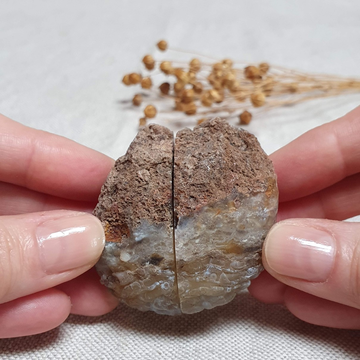 Peříčkový achát - obě poloviny leštěné geody v top kvalitě z Brazílie F. 89 g 