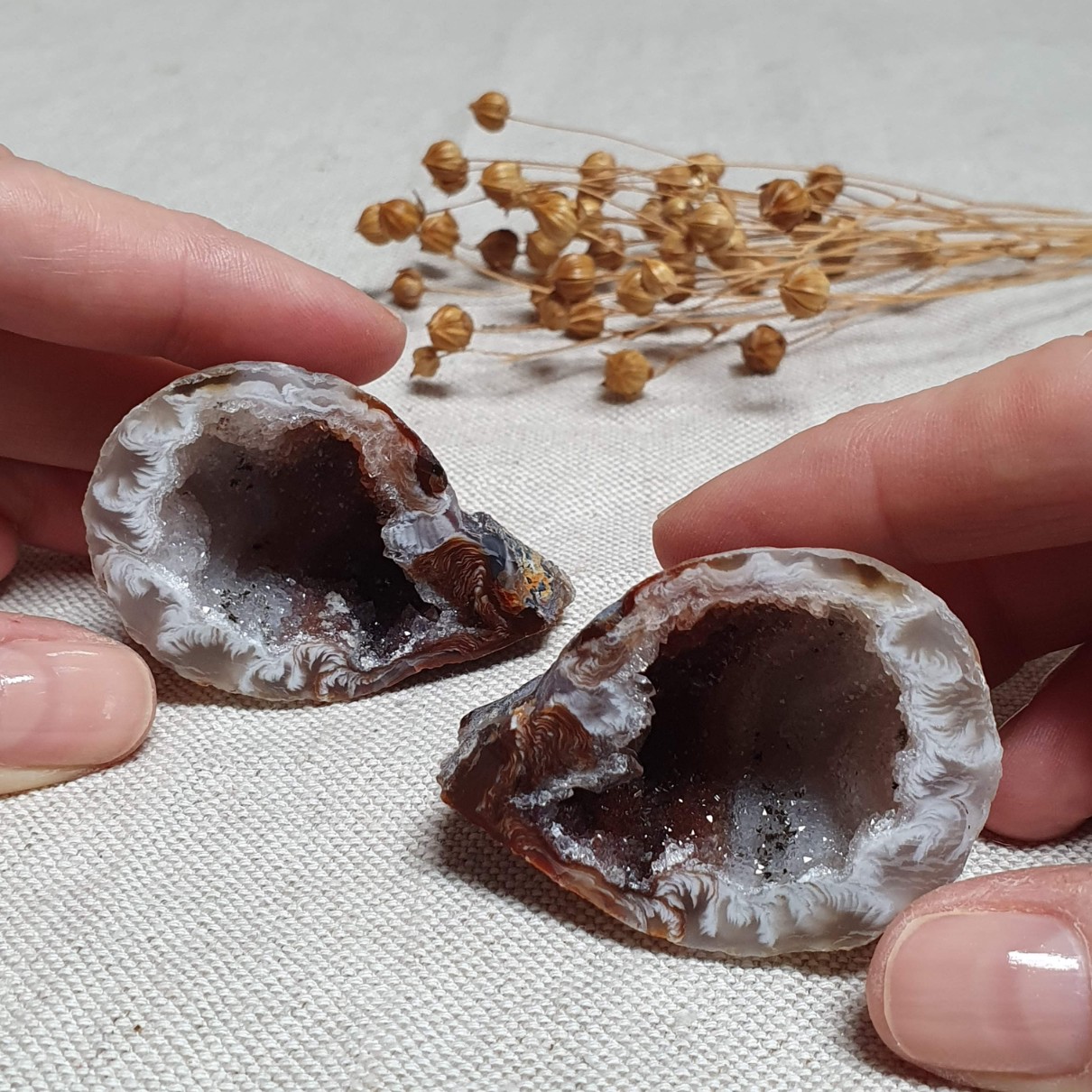 Peříčkový achát - obě poloviny leštěné geody v top kvalitě z Brazílie G. 88 g 