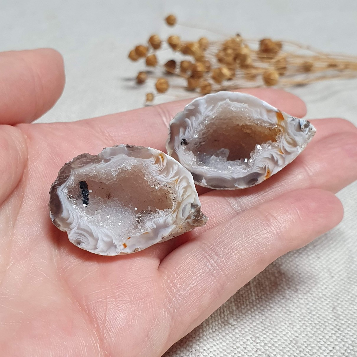 Peříčkový achát - obě poloviny leštěné geody v top kvalitě z Brazílie L. 33 g 