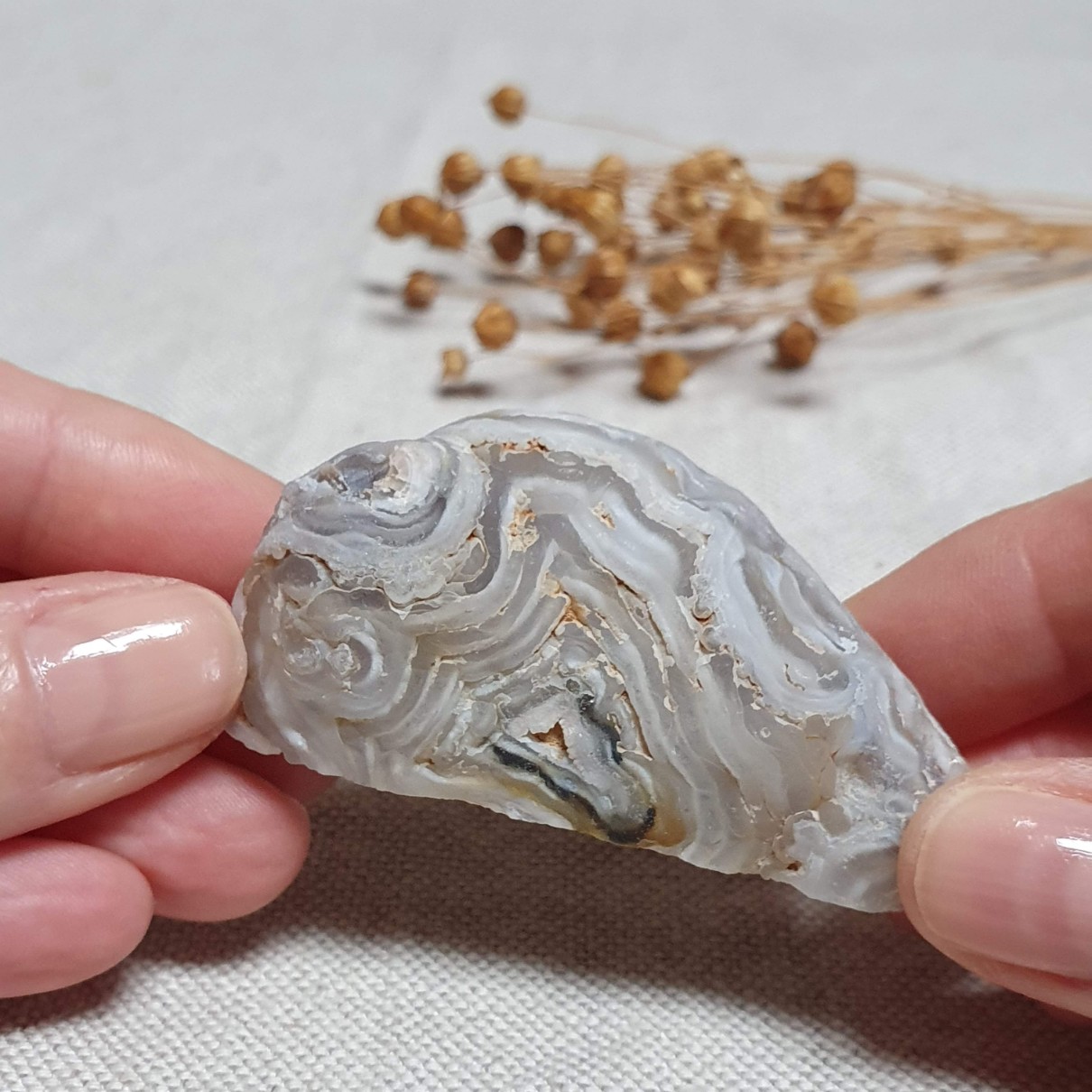 Peříčkový achát - jedna polovina leštěné geody v top kvalitě z Brazílie O. 40 g 