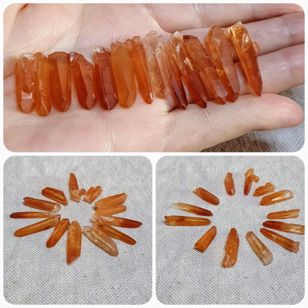 Tangerine krystaly - skupinka 13-cti unikátních výběrových surových mistrovských krystalů v extra kvalitě z Brazílie Y. 19 g ~ 12×Laser krystaly + 1×krystal delfín 