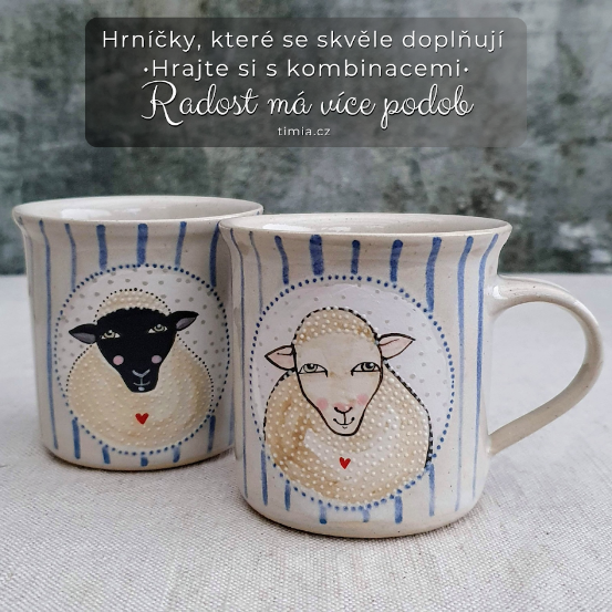 Malovaný keramický hrnek s ovečkou a s pruhy 200 ml 