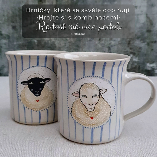Malovaný keramický hrnek s ovečkou a s pruhy 350 ml 
