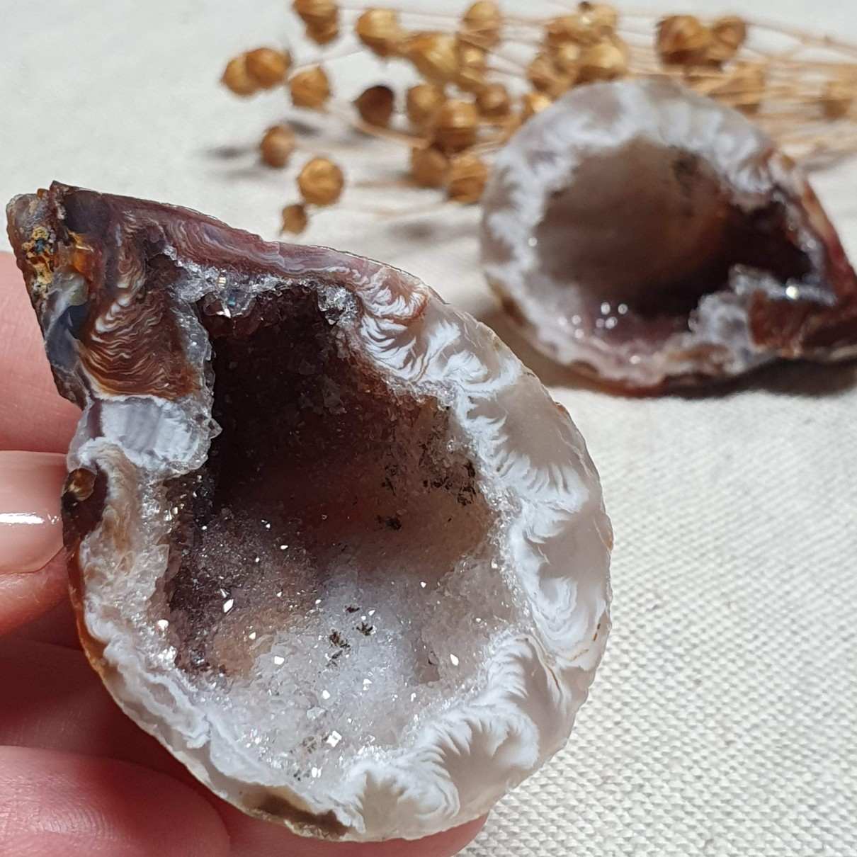 Peříčkový achát - obě poloviny leštěné geody v top kvalitě z Brazílie G. 88 g 