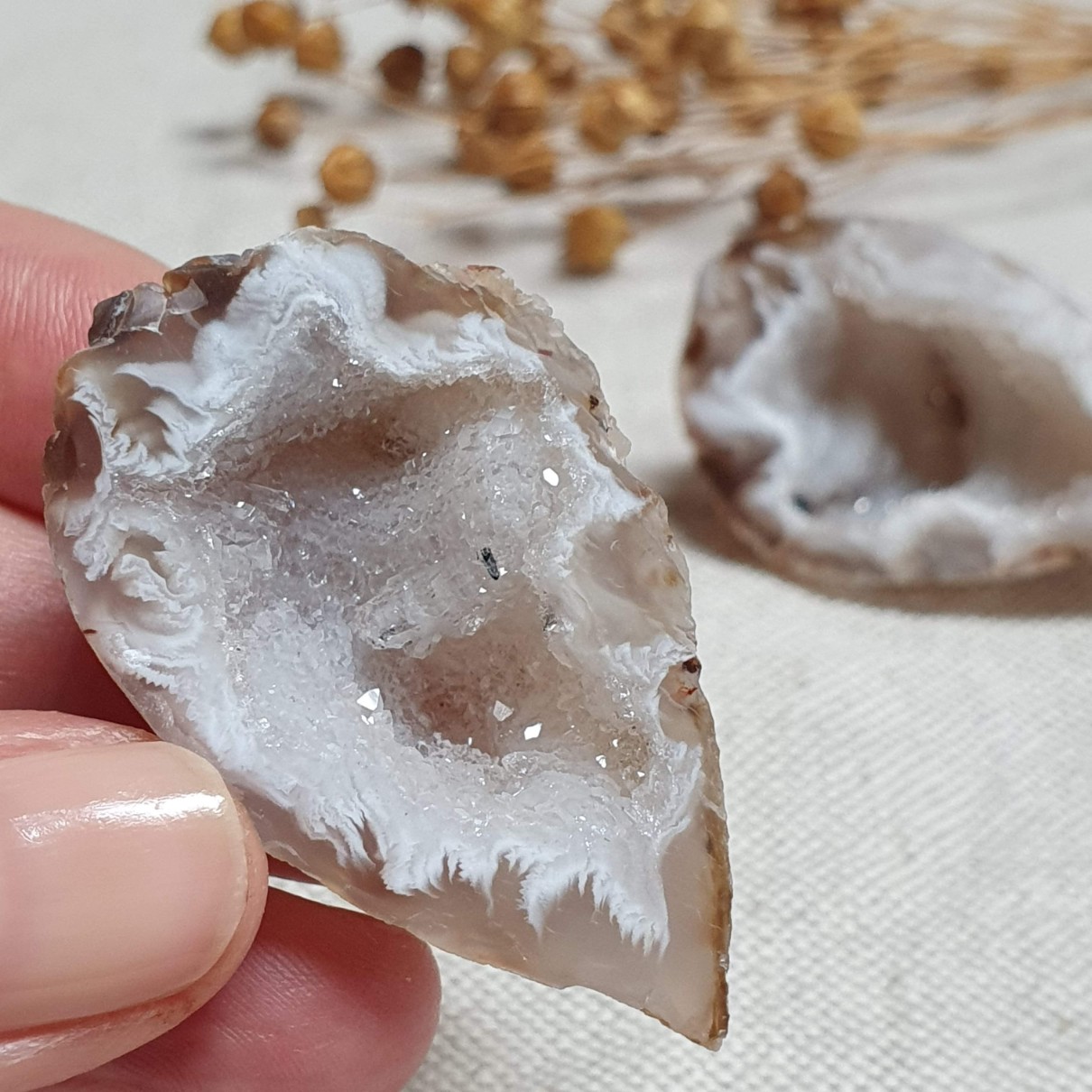 Peříčkový achát - obě poloviny leštěné geody v top kvalitě z Brazílie I. 47 g 