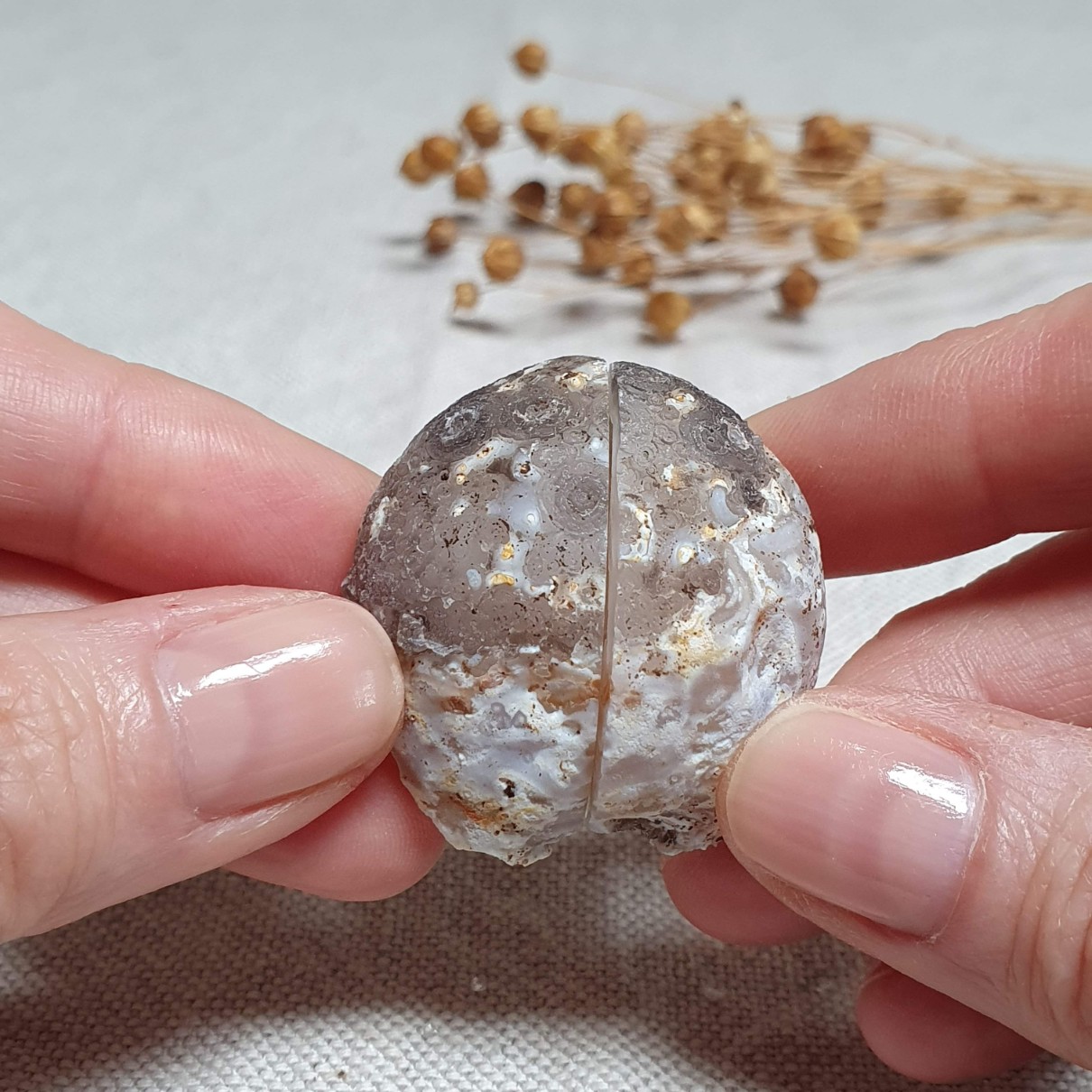 Peříčkový achát - obě poloviny leštěné geody v top kvalitě z Brazílie L. 33 g 