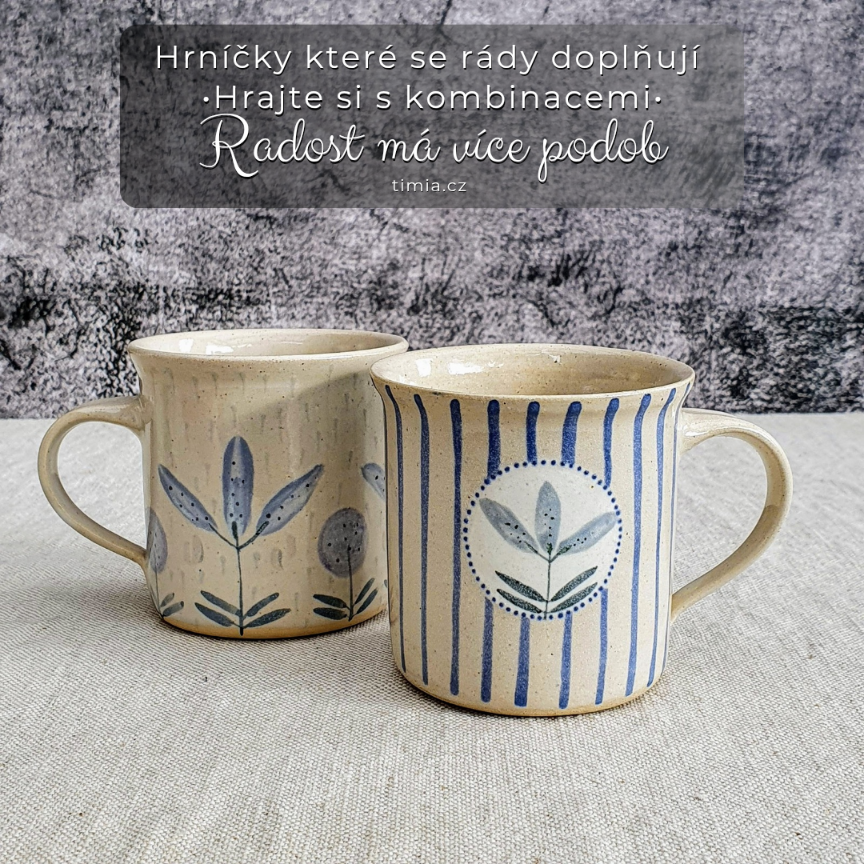 Malovaný keramický hrnek s květinou a s pruhy 200 ml