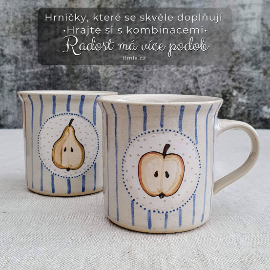 Malovaný keramický hrnek s jablkem a s pruhy 200 ml 
