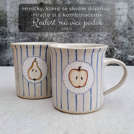 Malovaný keramický hrnek s jablkem a s pruhy 350 ml