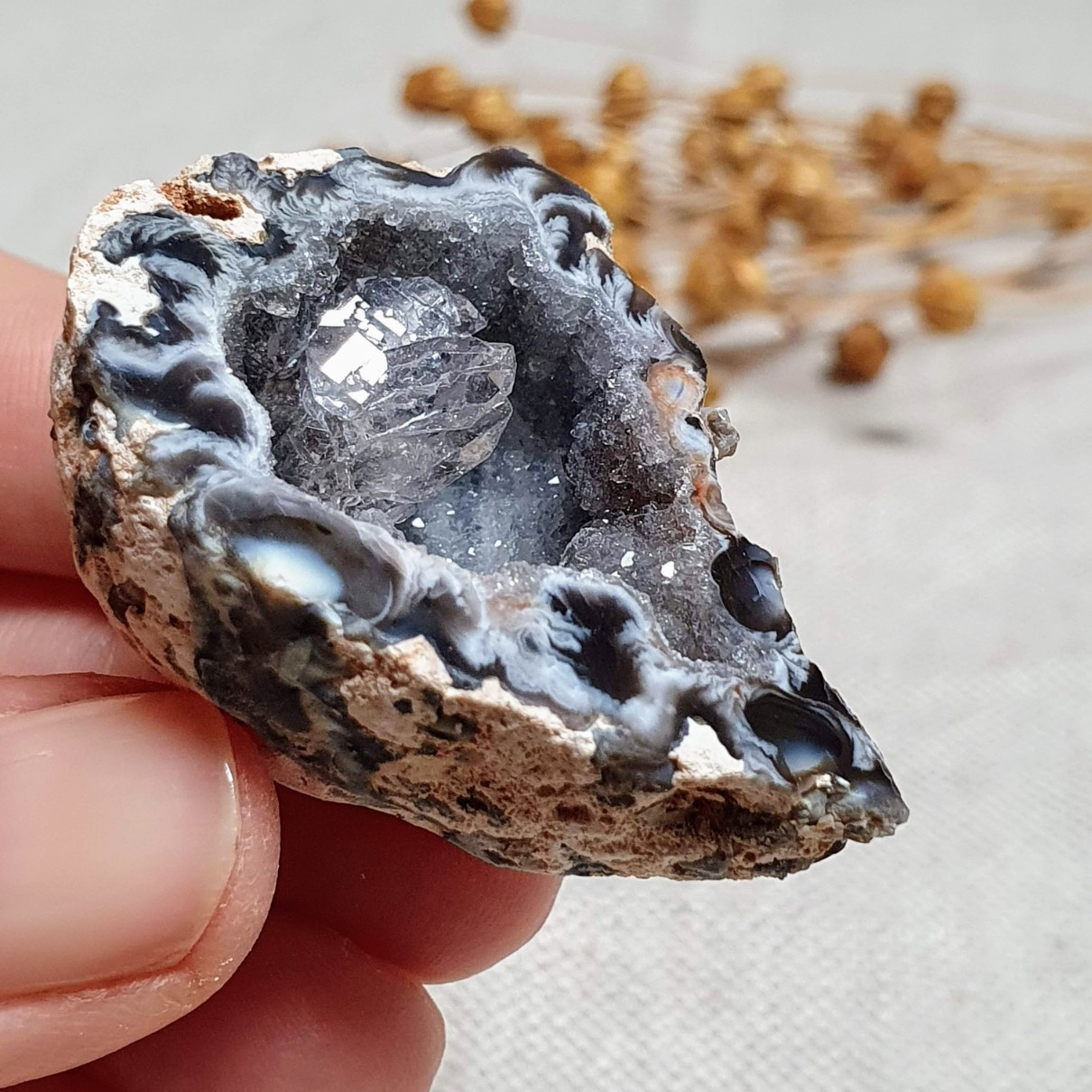Peříčkový achát - obě poloviny leštěné geody v top kvalitě z Brazílie B. 46 g 