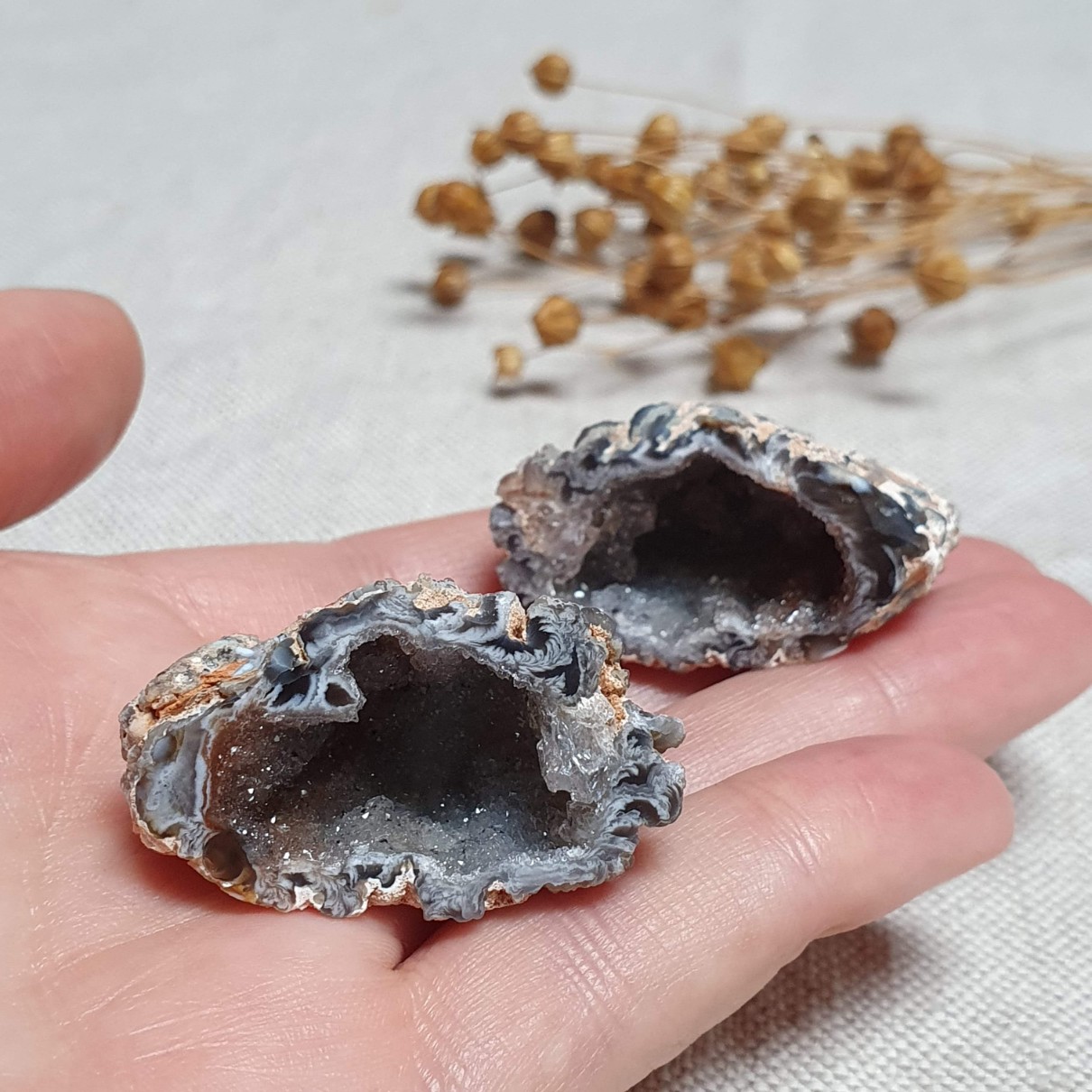 Peříčkový achát - obě poloviny leštěné geody v top kvalitě z Brazílie A. 31 g