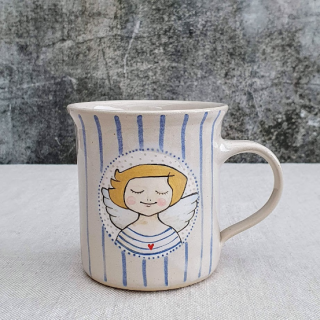 Malovaný keramický hrnek s andělem a s pruhy 350 ml 