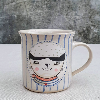 Malovaný keramický hrnek s kočkou a s pruhy 200 ml 